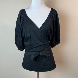 Old Navy Wrap Top Womens XL Black Puff Sleeve Smocked V-Neck Blouse Feminine New